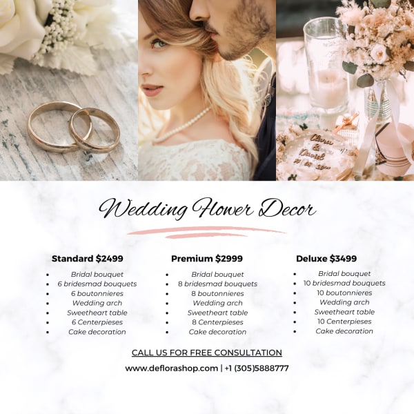 Wedding flower decor pricing flyer with rings, bride, and floral table setting