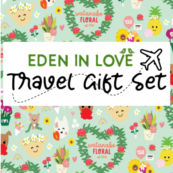 Colorful Eden in Love travel gift set graphic with smiling floral characters on a mint green background