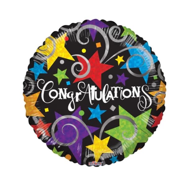 Round congratulations balloon with colorful stars on a black background