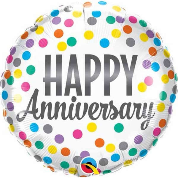 Round balloon with colorful polka dots and "Happy Anniversary" text