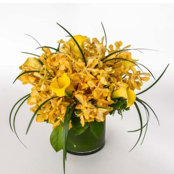 Yellow orchid arrangement in a glass vase with long grass accents
