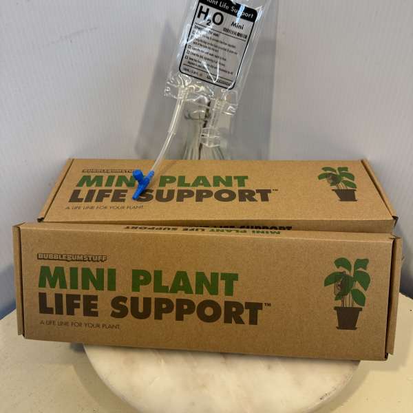 Plant care kit with a clear water pouch and cardboard box