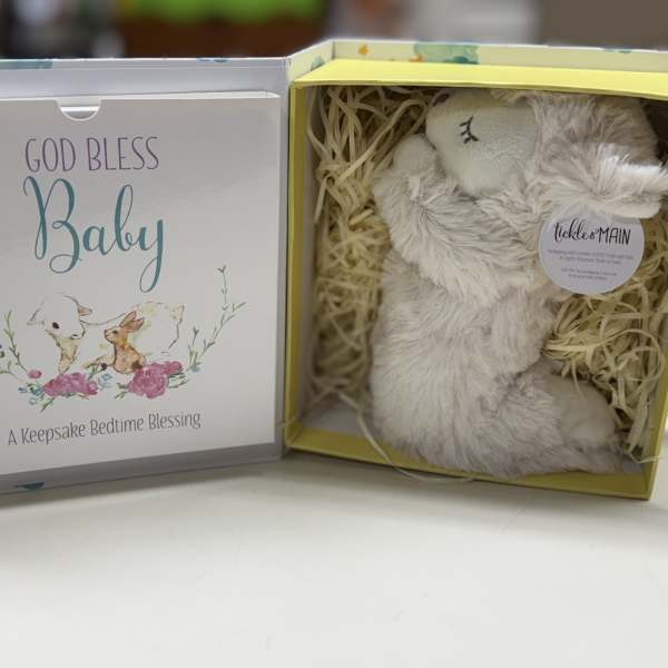 Gift box with a plush bunny and a baby blessing card