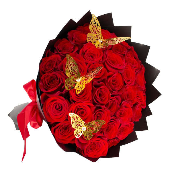 Bouquet of red roses wrapped in black paper with gold butterfly accents