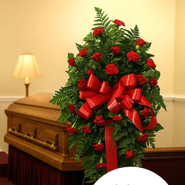 Tall funeral spray of red carnations with large red bow on an easel beside a casket.