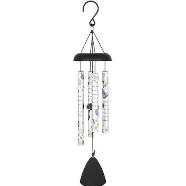 Hanging wind chime with floral-patterned tubes and a black clapper