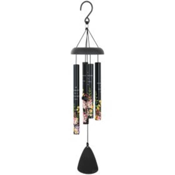 Black hanging wind chime with floral print tubes