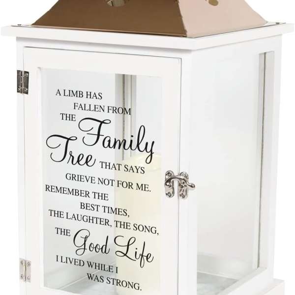 White memorial lantern with a printed sympathy message