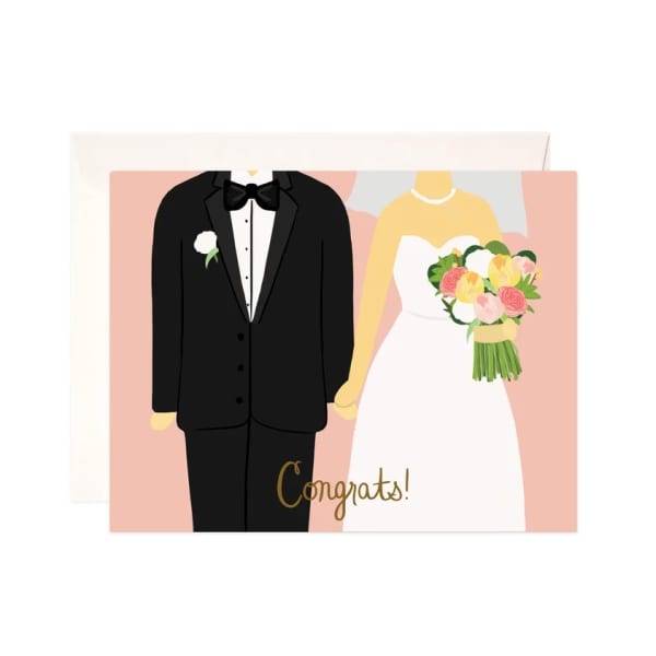 Wedding congratulations card with a bride and groom illustration