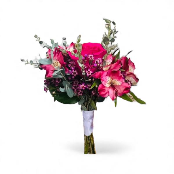 Bouquet of bright pink flowers with eucalyptus and purple accents