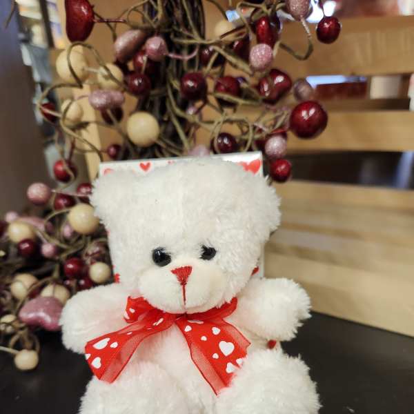 White teddy bear with a red heart ribbon in a Valentine display