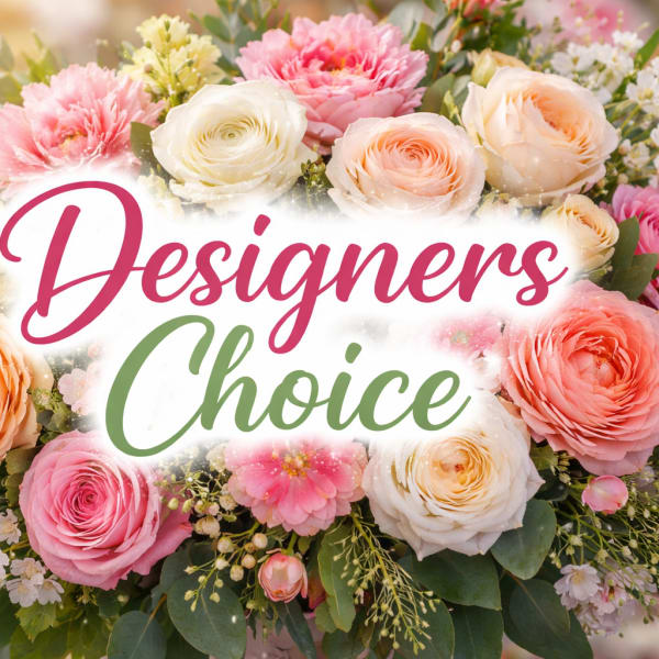 Mixed pink and peach roses with white flowers around "Designers Choice" text