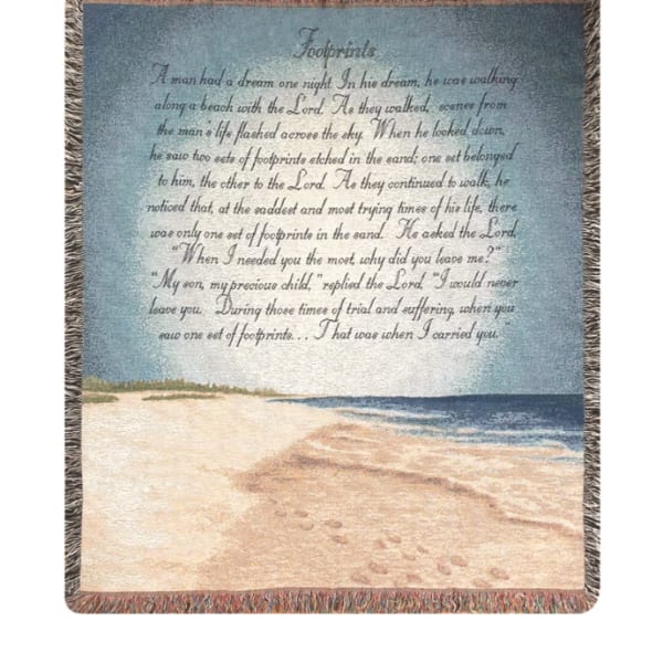 Woven throw blanket with Footprints poem and beach scene with footprints in sand by the ocean
