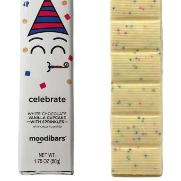 Two chocolate bars in festive wrappers, one labeled celebrate