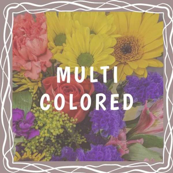 Mixed bouquet with yellow daisies, pink roses, and purple flowers