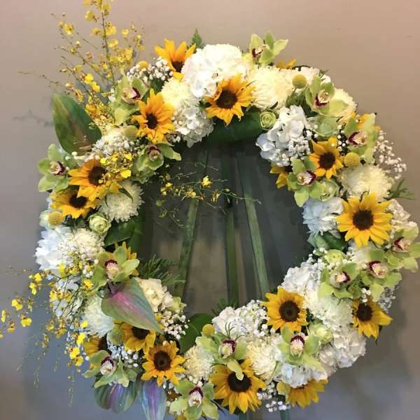 #103 OPEN RING WREATH CYMBIDIUM & SUNFLOWERS