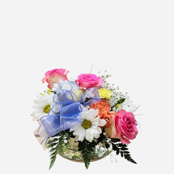 Pink roses and daisies in a low bouquet with a blue ribbon