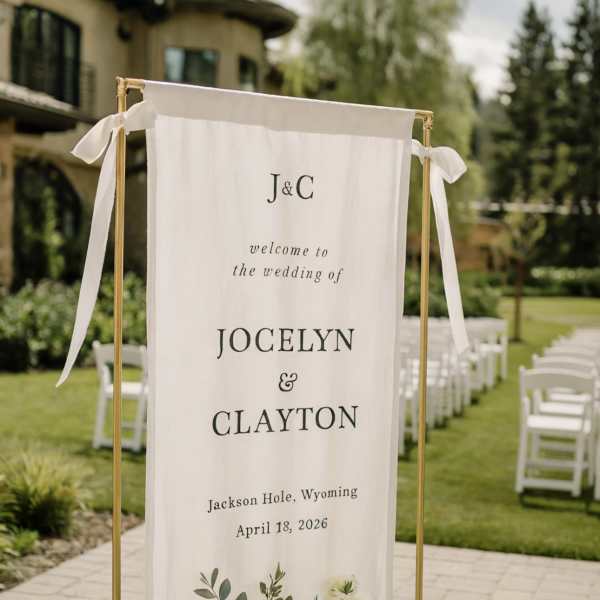 Wedding welcome sign with white flowers and candles on a gold stand