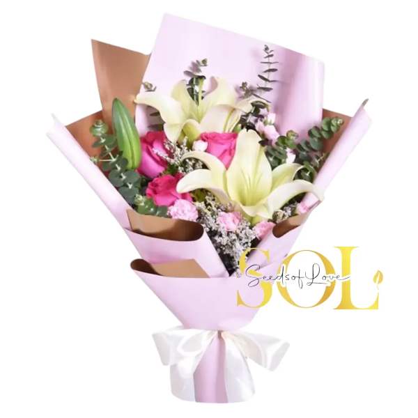 Bouquet of pink roses and white lilies wrapped in pastel paper
