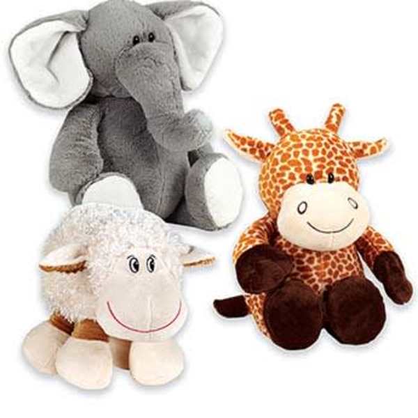 Three plush animal toys: an elephant, sheep, and giraffe