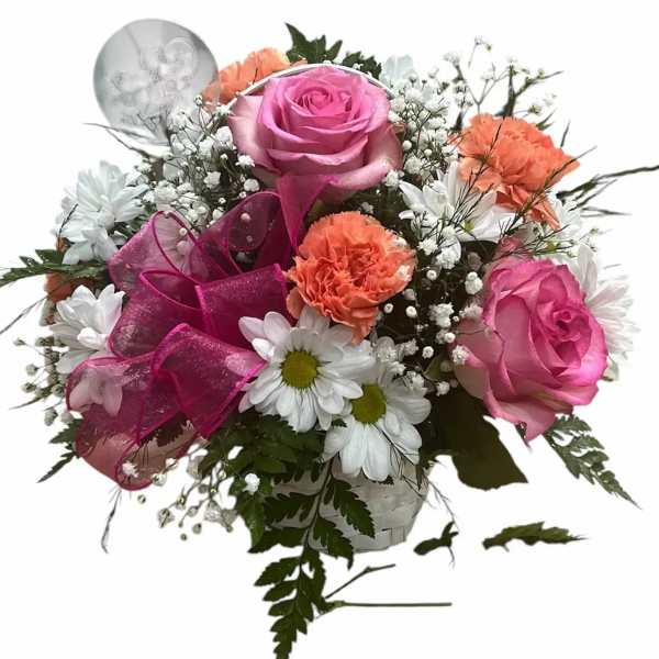 Pink roses and white daisies in a basket with a pink ribbon