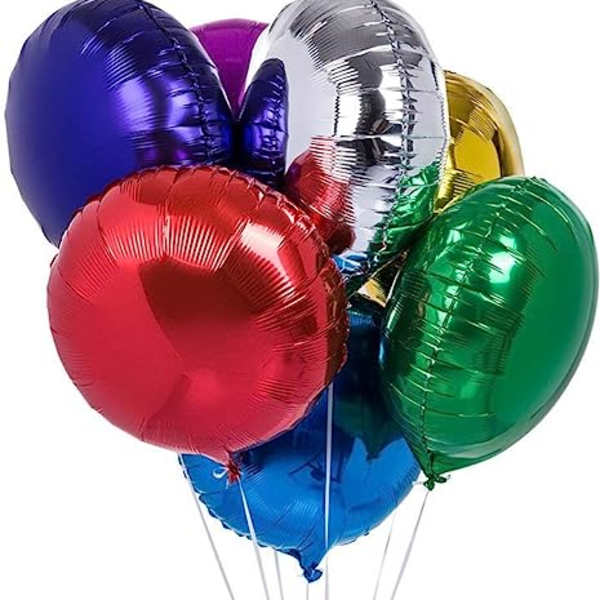Cluster of metallic balloons in red, blue, green, gold, silver, and purple