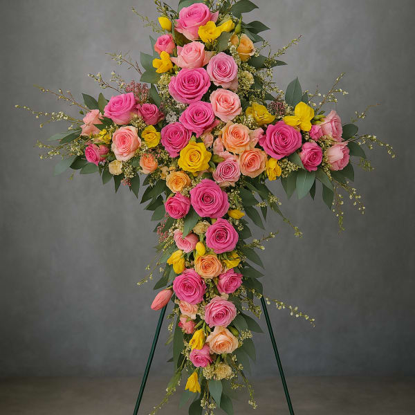 Cross-shaped floral spray with pink, peach, and yellow roses on an easel