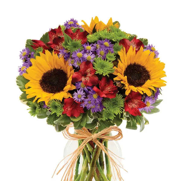 Bouquet of sunflowers, red alstroemeria, and purple daisies in a glass vase