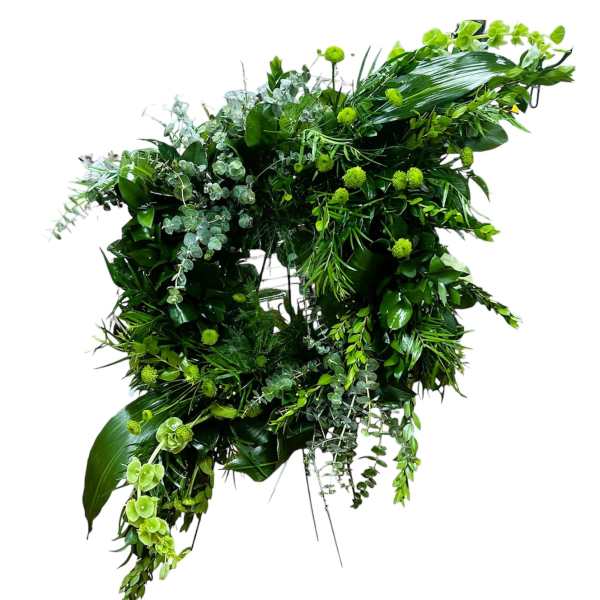 Large green floral wreath with cascading foliage and small lime blooms
