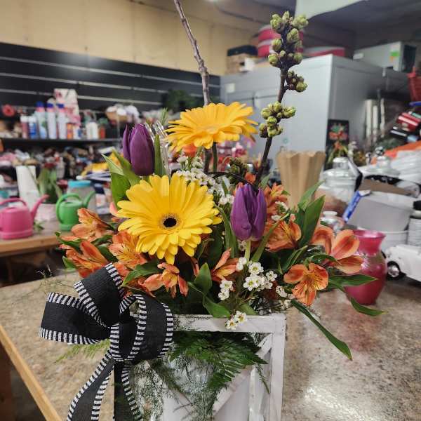 Mixed bouquet in a white wooden box with yellow daisies and purple tulips