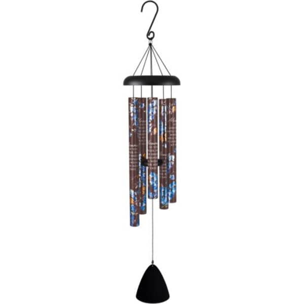 Hanging wind chime with metal tubes and a black clapper