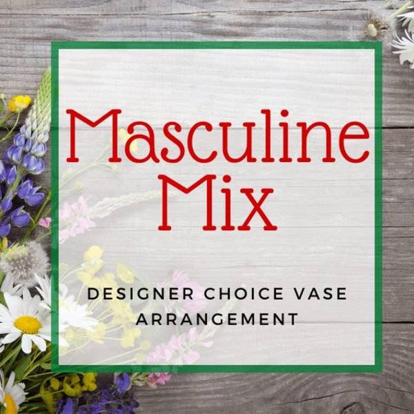 Text reading Masculine Mix on a floral-themed sign