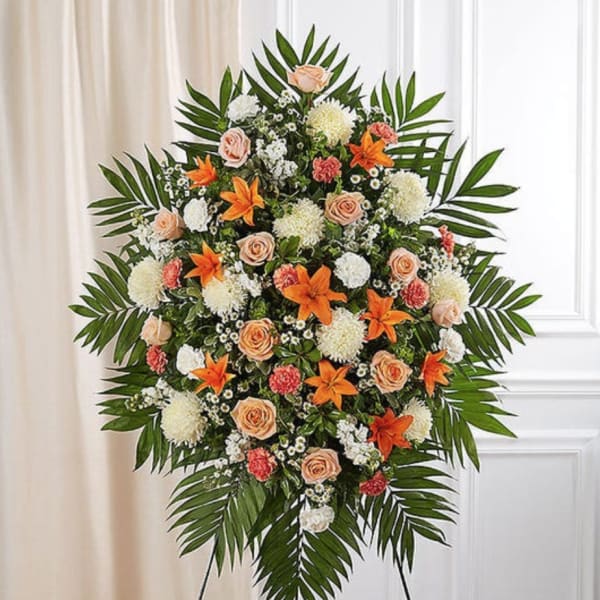 Standing floral spray with orange lilies, peach roses, and white blooms