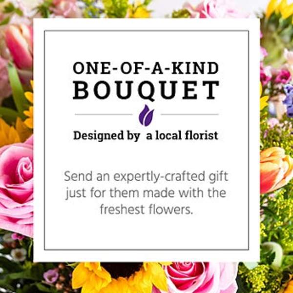 Bouquet promo card over a colorful flower background