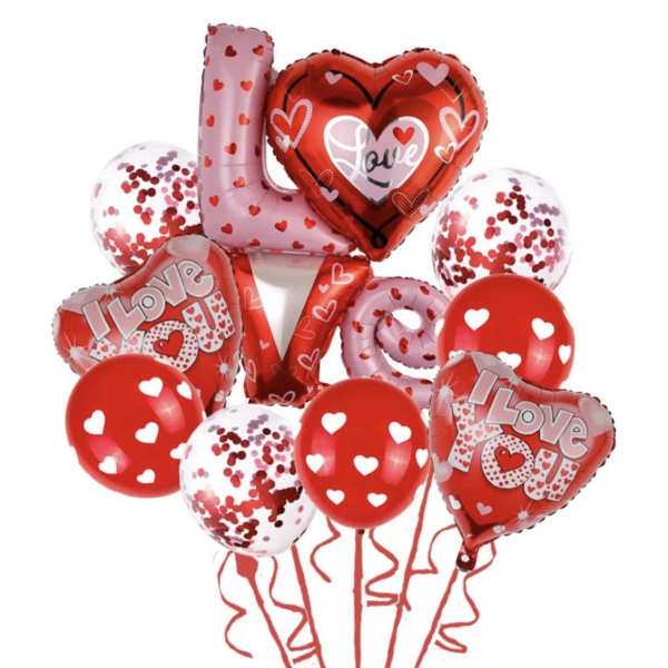 Cluster of red and pink heart-shaped balloons with confetti balloons