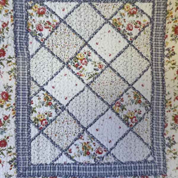 Floral patchwork quilt with blue plaid borders