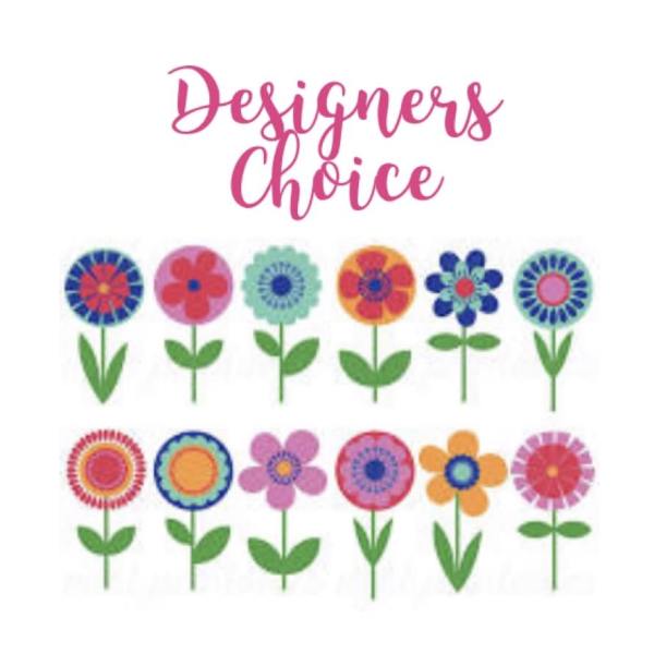 Graphic with colorful stylized flowers and the words "Designers Choice"