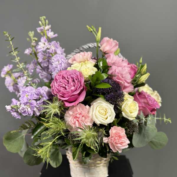 Basket arrangement of pink and cream roses with lavender stock and green thistle blooms