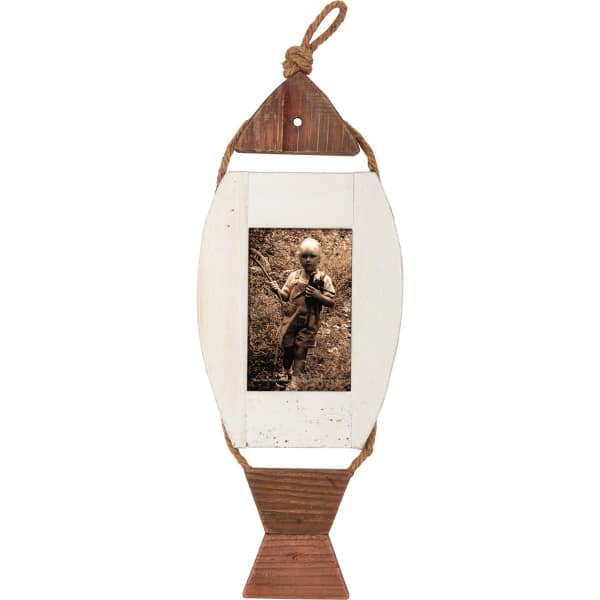 Rustic hanging wooden photo frame with a sepia child portrait