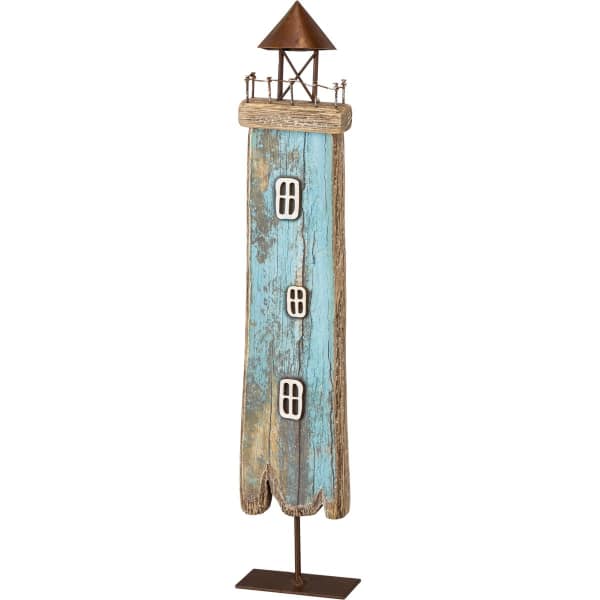 Rustic wooden lighthouse sculpture with a blue weathered body