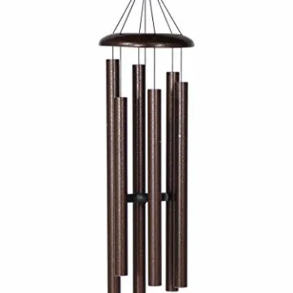 Brown metal wind chime with hanging tubes and a round clapper
