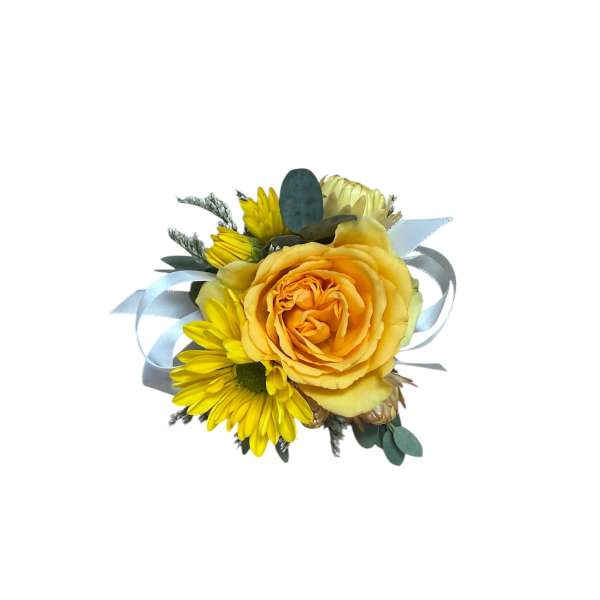 Yellow rose and daisy boutonniere with blue ribbon