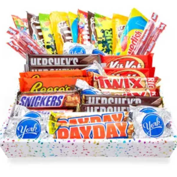 Assorted candy bars arranged in a gift basket
