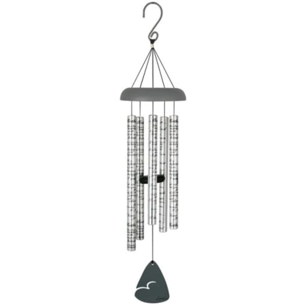 Silver wind chime with hanging metal tubes and a dark clapper