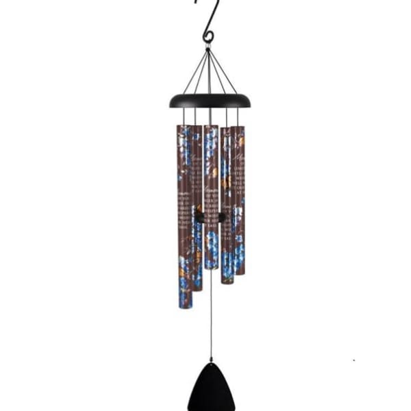 Hanging metal wind chime with printed brown tubes and black top and sail