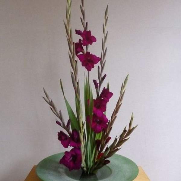 Tall arrangement of magenta flowers with long grass-like stems in a shallow green bowl