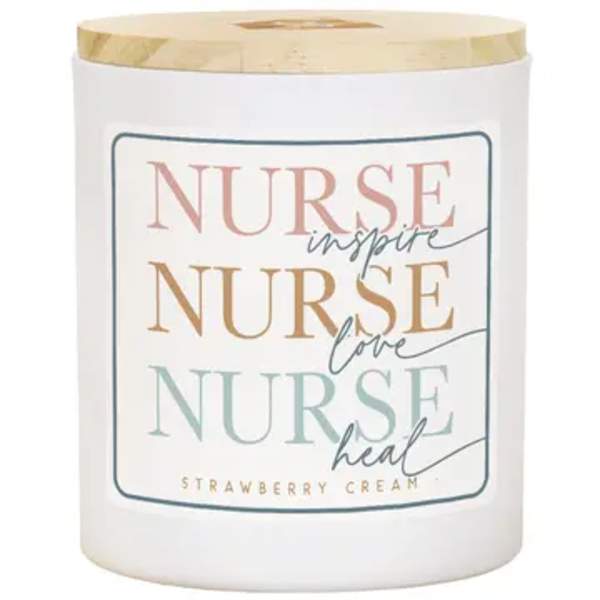 White candle jar with gold lid and "NURSE" text on the label