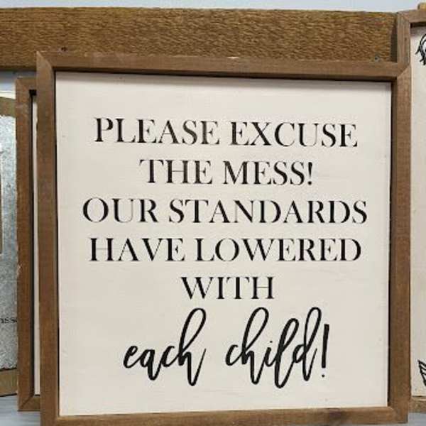 Framed wooden sign with the text "Please excuse the mess!"