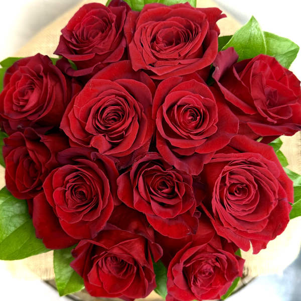 Bouquet of red roses with green leaves