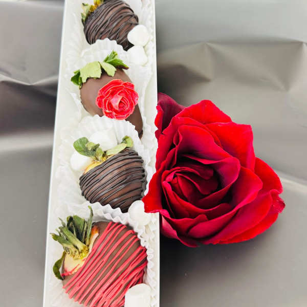 Box of chocolate-covered strawberries beside a red rose